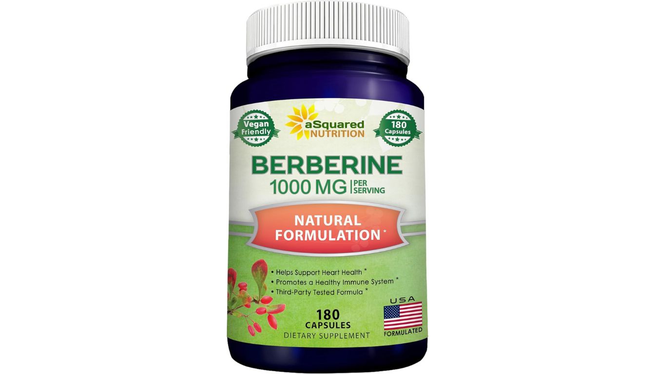 Bottle of aSquared Nutrition Pure Berberine 1000mg with 180 vegan capsules for heart, immune, and metabolic support.