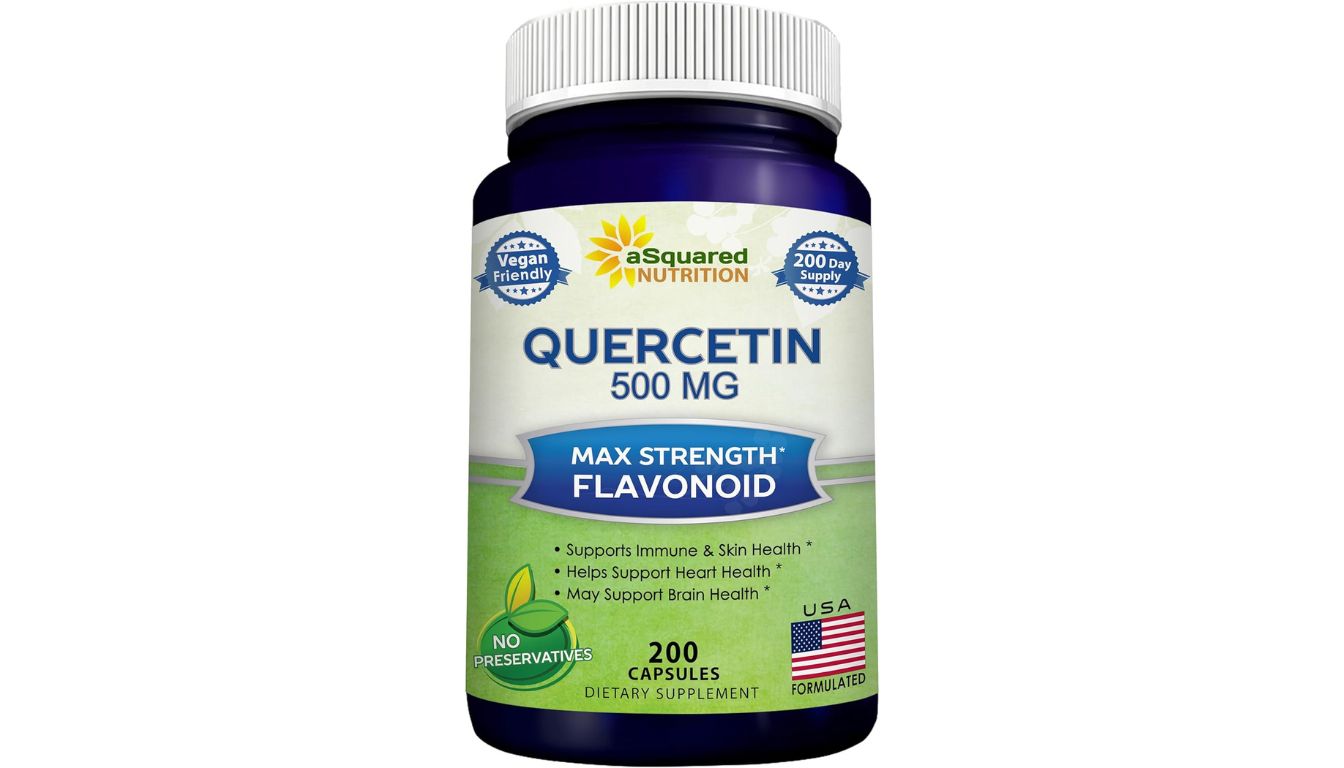 Bottle of aSquared Nutrition Quercetin 500mg with 200 vegan capsules for immune, heart, and skin health support.