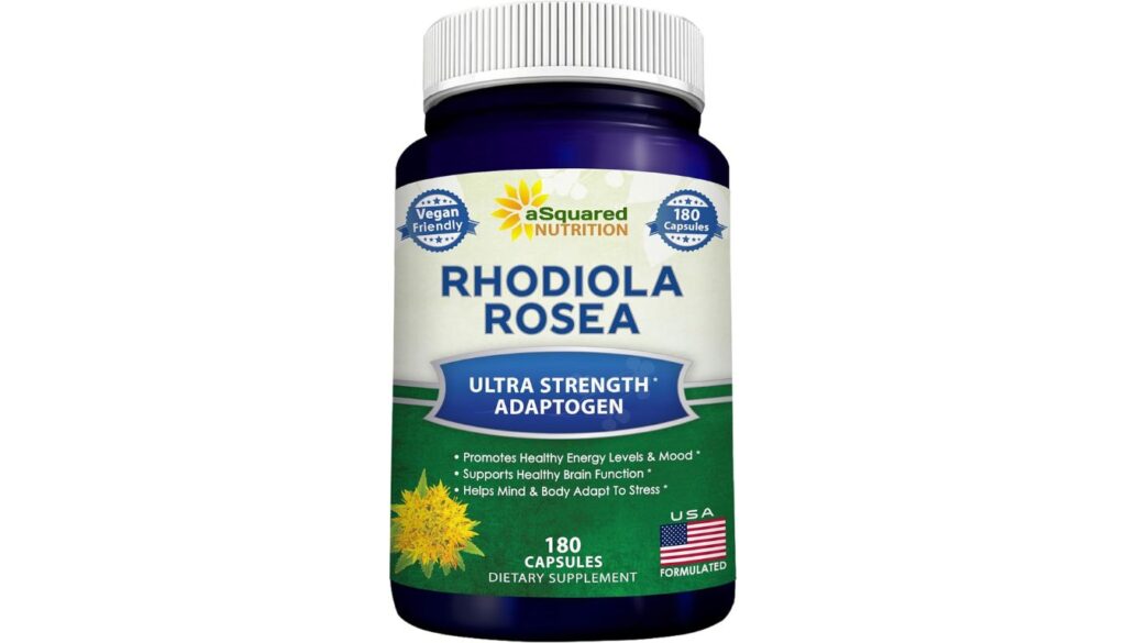 Bottle of aSquared Nutrition Rhodiola Rosea 1000mg capsules labeled ultra strength adaptogen.