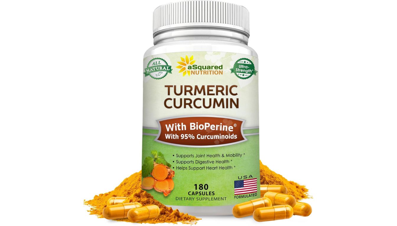 Bottle of aSquared Nutrition Turmeric Curcumin 1300mg with BioPerine and 95% curcuminoids.