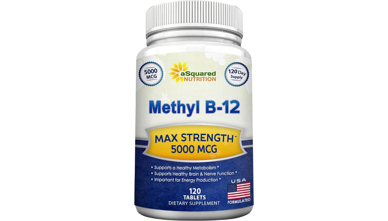 Bottle of aSquared Nutrition Methyl B-12 5000mcg tablets labeled max strength and energy support.