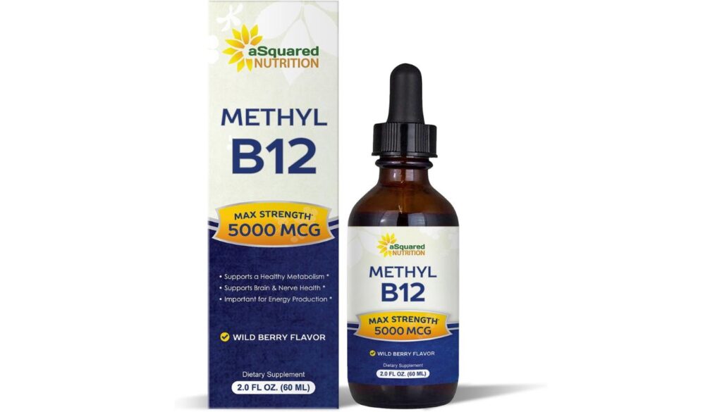 Bottle and box of aSquared Nutrition Methyl B12 5000mcg liquid drops in wild berry flavor.