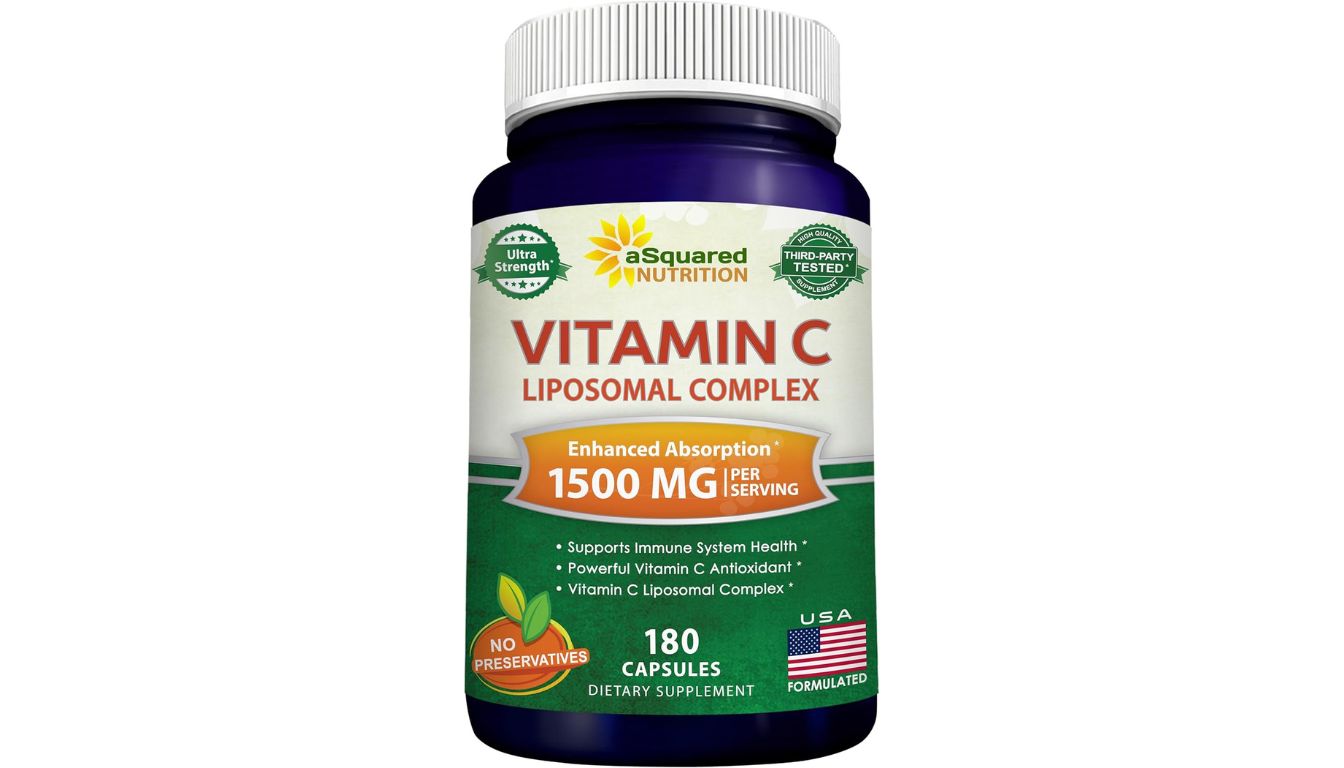 Bottle of aSquared Nutrition Vitamin C Liposomal Complex 1500mg with enhanced absorption and 180 capsules.