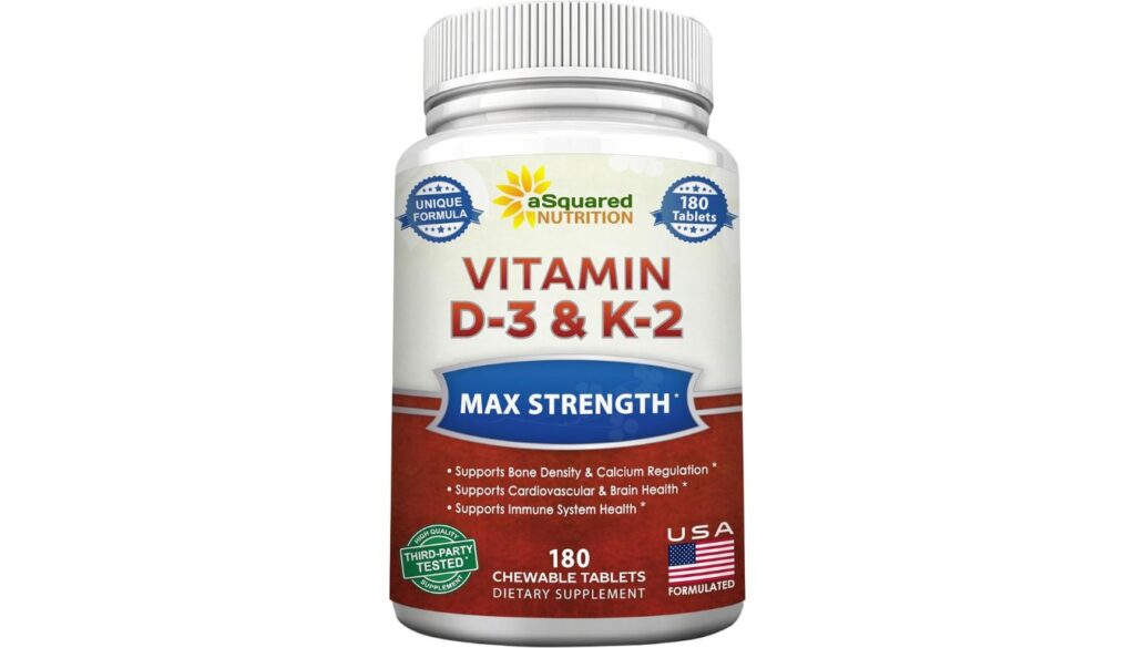 Bottle of aSquared Nutrition Vitamin D3 & K2 chewable tablets labeled max strength and bone support.