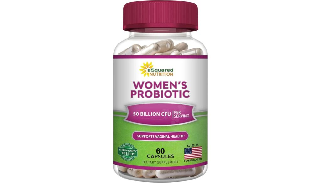 Bottle of aSquared Nutrition Women's Probiotic with 50 Billion CFU and 60 capsules.