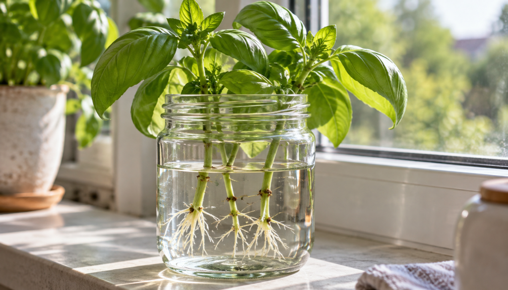 Basil cuttings with new white roots growing in a jar of water