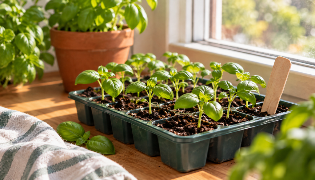 Young basil seedlings in a seed tray on a bright windowsill