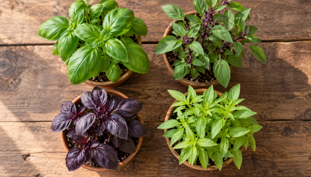 Four pots of different basil varieties side by side