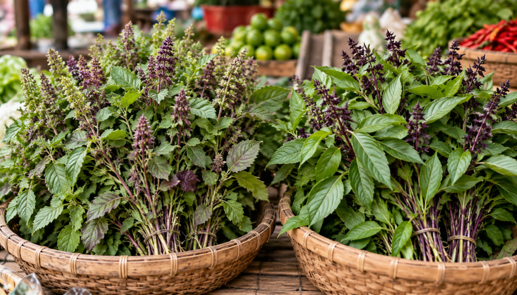 Bundles of holy basil and Thai basil at an Asian market stall