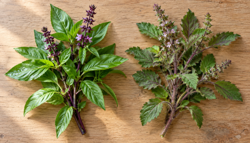 Thai basil and holy basil sprigs side by side showing different leaves and stems