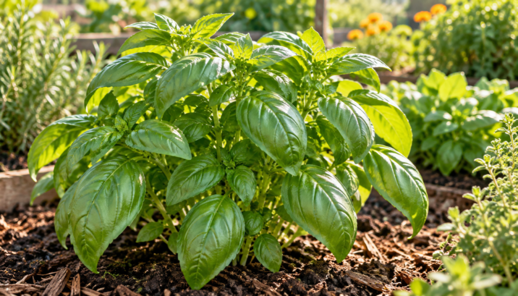 Healthy sweet basil plant growing in a sunny garden bed with mulch