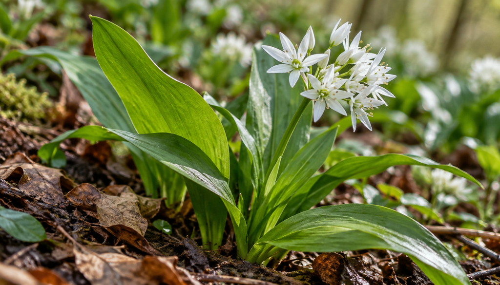 Close-up of wild garlic leaves growing from the base with white star-shaped flowers