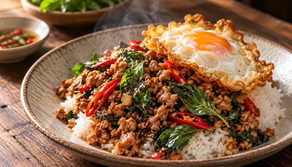 Thai pad kaphrao stir-fry with holy basil over rice and a fried egg