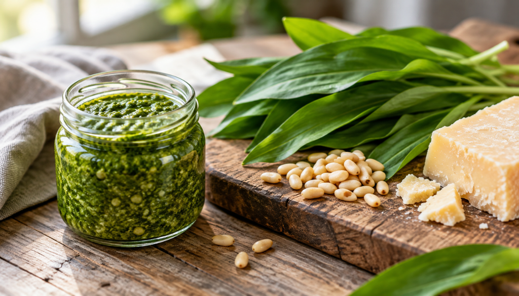 Jar of wild garlic pesto with fresh leaves, pine nuts and Parmesan