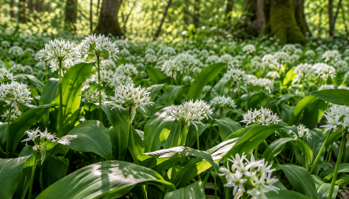 Wild garlic plants with white star-shaped flowers in spring woodland