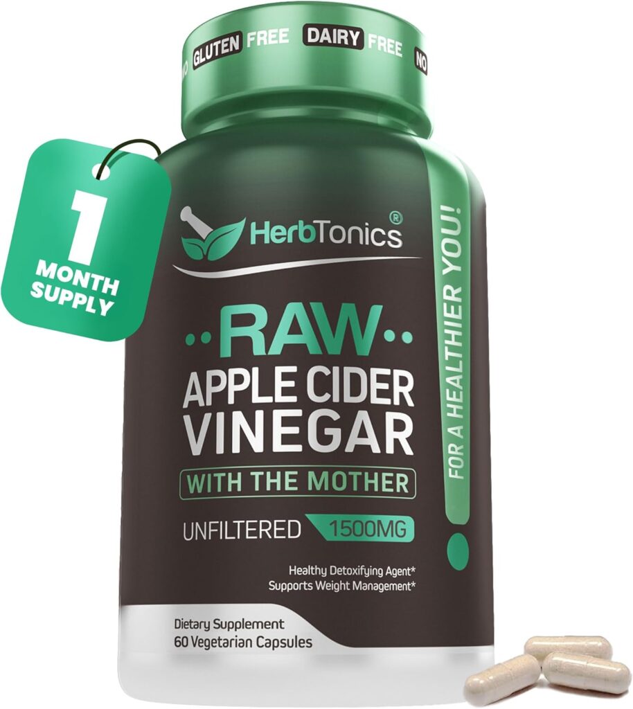 Herbtonics ACV supplement bottle with 60 capsules for detox and weight support