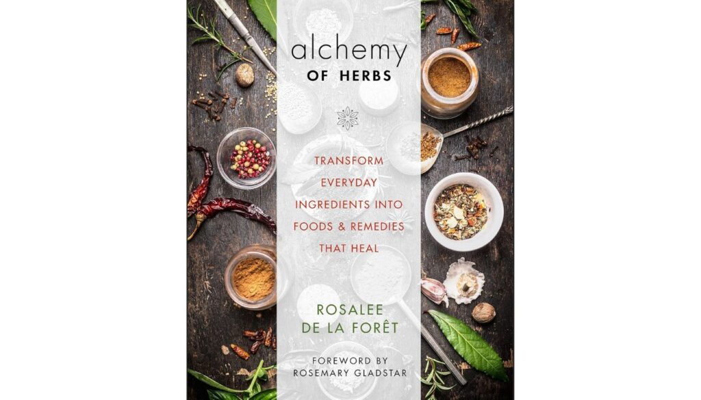 Cover of Alchemy of Herbs book with herbs and spices on a wooden surface