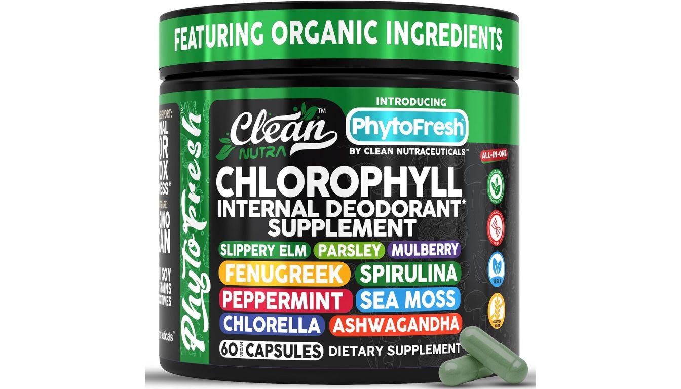 Clean Nutra Chlorophyll Internal Deodorant supplement with organic plant-based ingredients