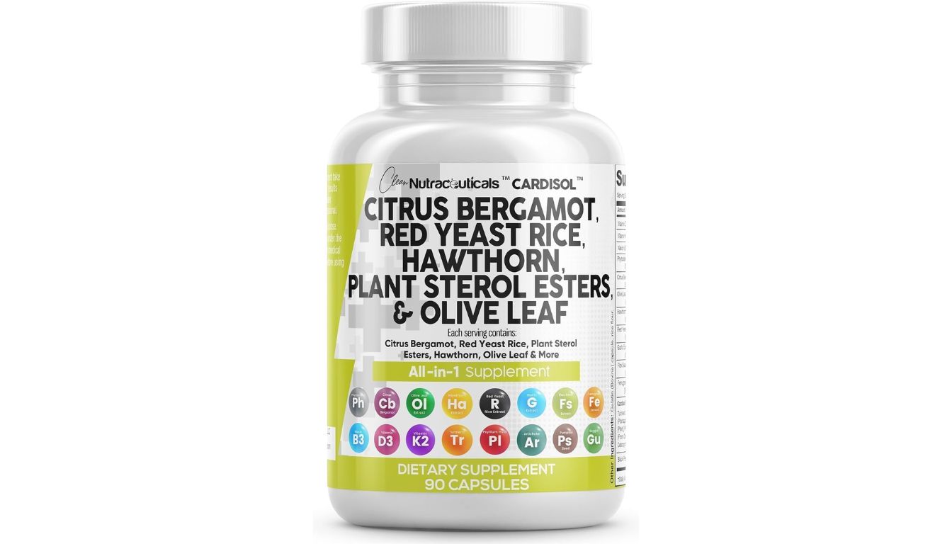 Clean Nutra Cardisol supplement bottle with citrus bergamot, red yeast rice, and heart-supporting ingredients