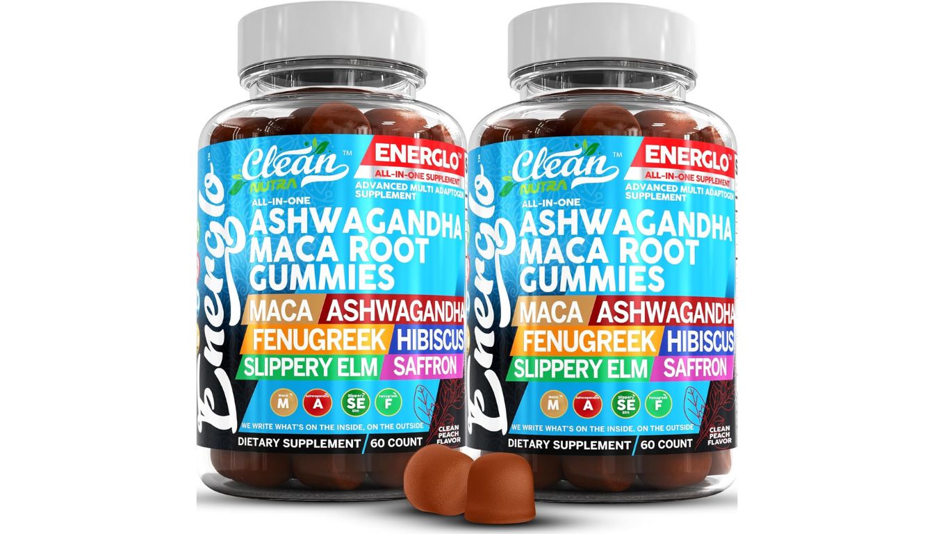 Clean Nutra Energlo Ashwagandha Maca Root gummies with multi-adaptogen blend for energy and stress support