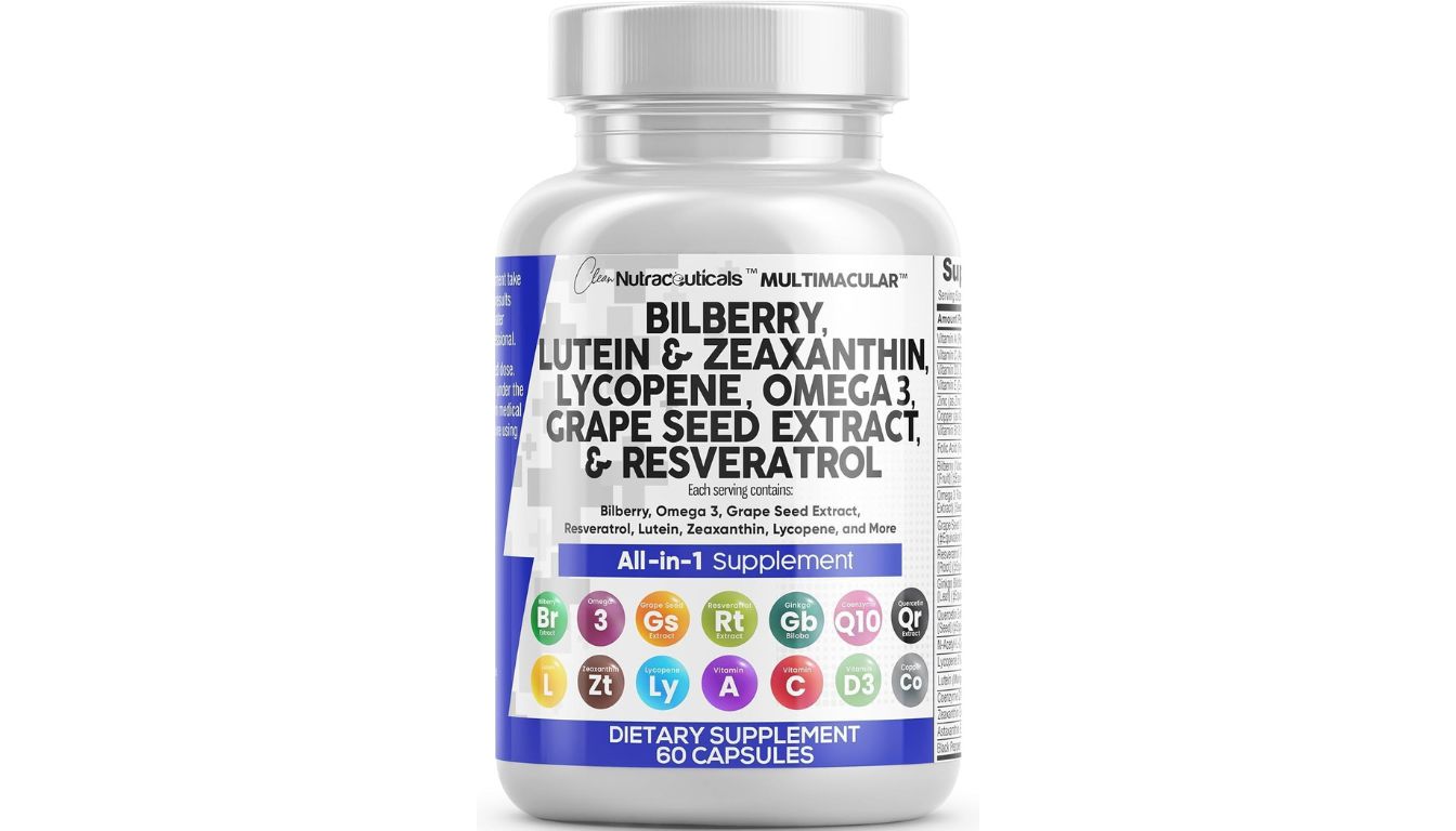 Clean Nutra Multimacular eye supplement bottle with lutein, zeaxanthin, and antioxidants for vision support