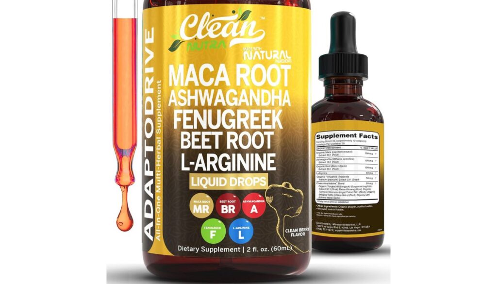 Clean Nutra ADAPTODRIVE liquid drops with organic maca root and herbal adaptogens