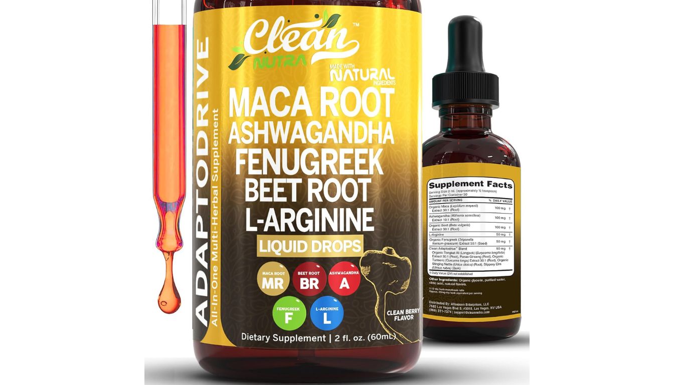 Clean Nutra ADAPTODRIVE liquid drops with organic maca root and herbal adaptogens