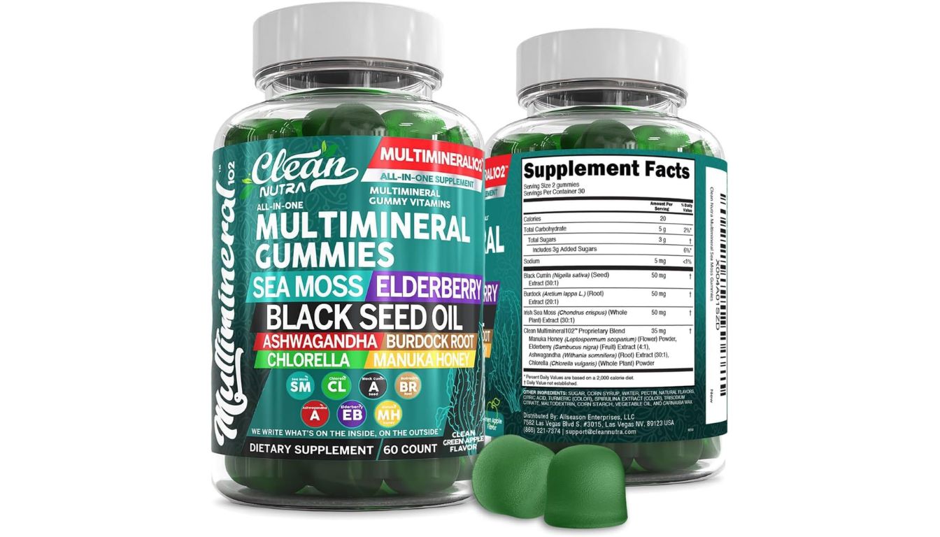 Clean Nutra Sea Moss Multimineral Gummies with herbal blend for vegan wellness support