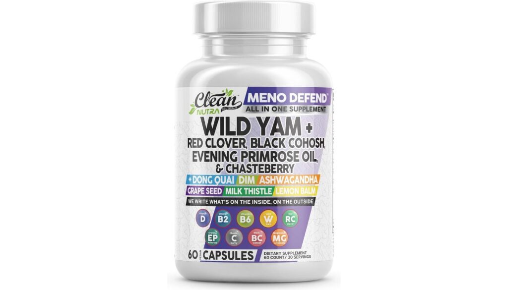 Clean Nutra Meno Defend bottle with wild yam and herbal blend for hormone balance and menopause support