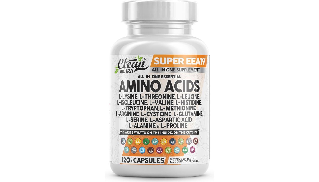 Clean Nutraceuticals Super EEA19 bottle with essential amino acids for muscle and recovery
