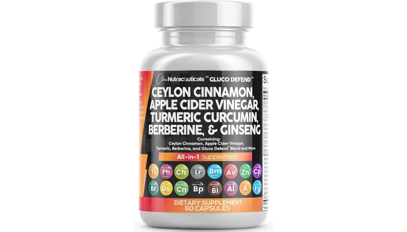 Clean Nutraceuticals Gluco Defend supplement bottle with Ceylon cinnamon and blood sugar support ingredients