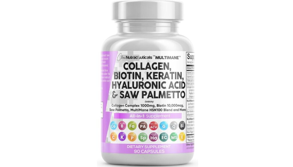 Clean Nutraceuticals MULTIMANE collagen pills with biotin, keratin, and saw palmetto for hair health
