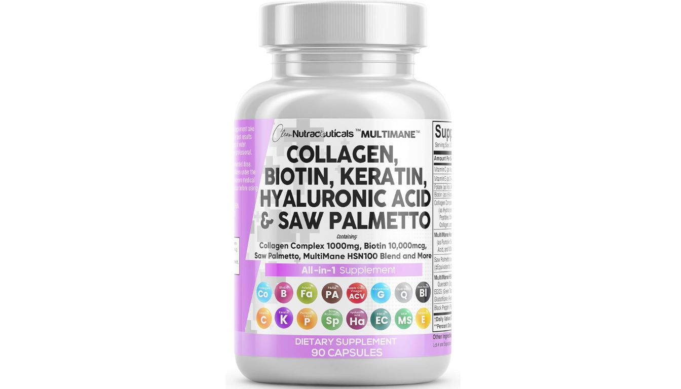 Clean Nutraceuticals MULTIMANE collagen pills with biotin, keratin, and saw palmetto for hair health