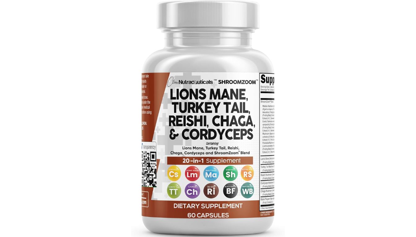 Clean Nutraceuticals ShroomZoom bottle with Lions Mane and 20-in-1 mushroom blend