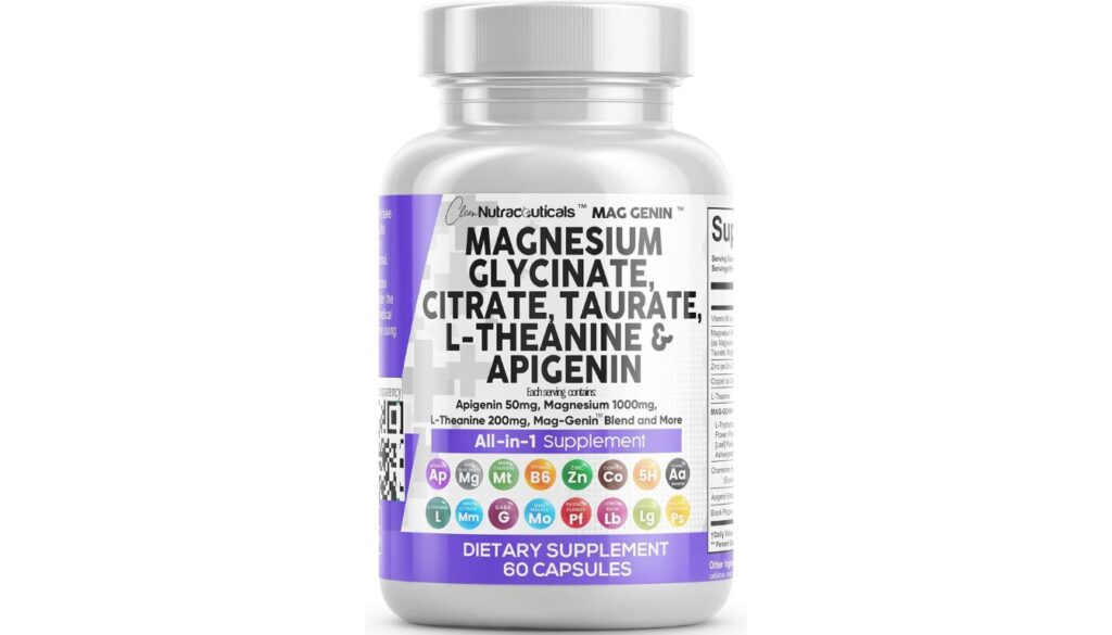 Clean Nutraceuticals Mag Genin supplement bottle with magnesium glycinate, apigenin, and calming ingredients