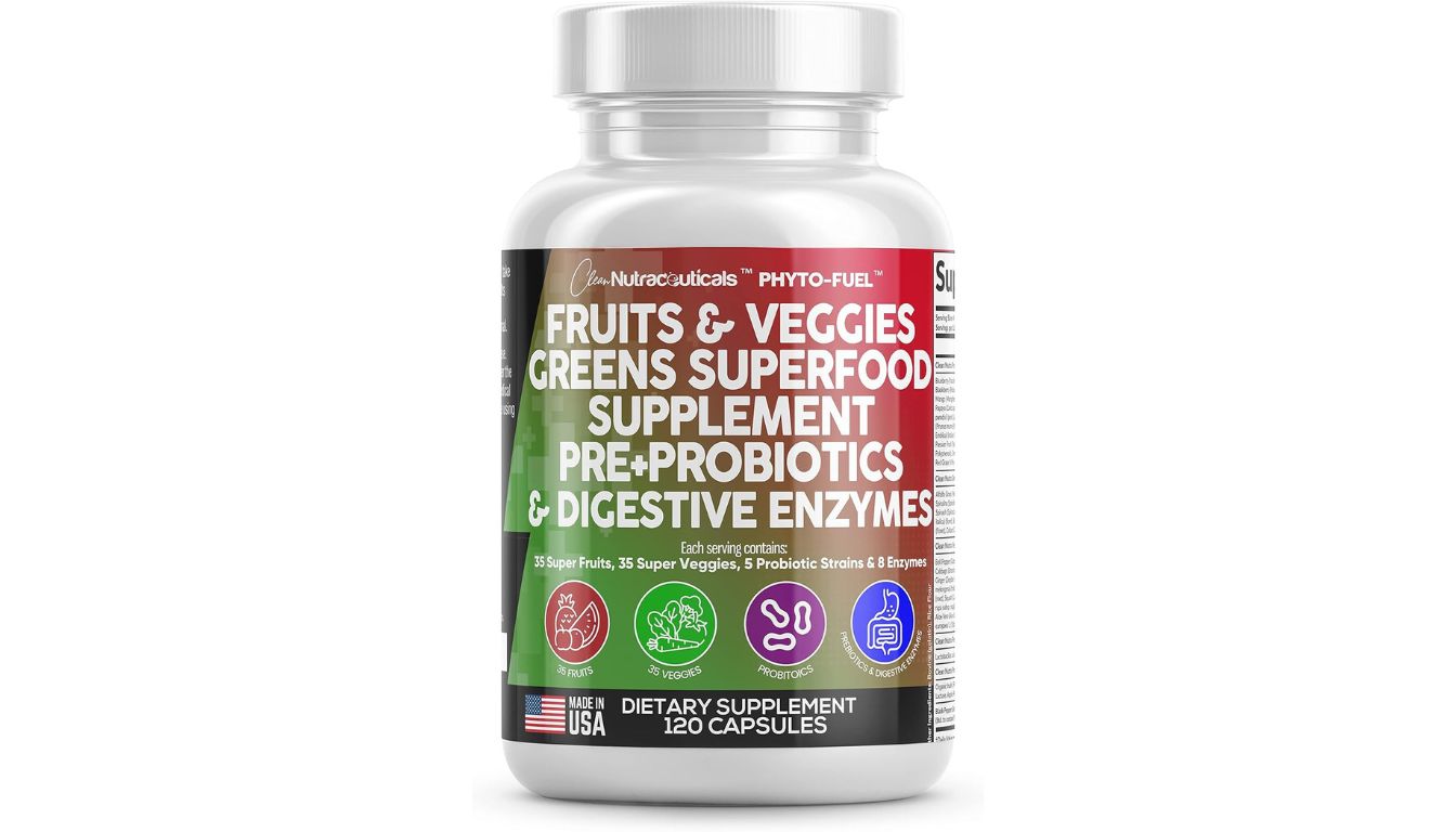Clean Nutraceuticals Phyto-Fuel bottle with fruits, greens, probiotics, and enzymes for daily wellness