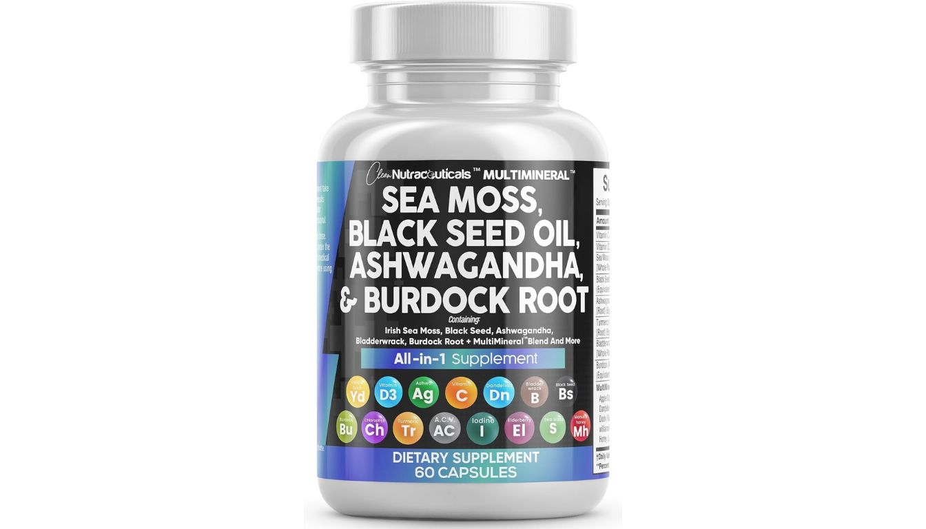 Clean Nutraceuticals Sea Moss Superfood capsules with black seed oil, ashwagandha, and minerals