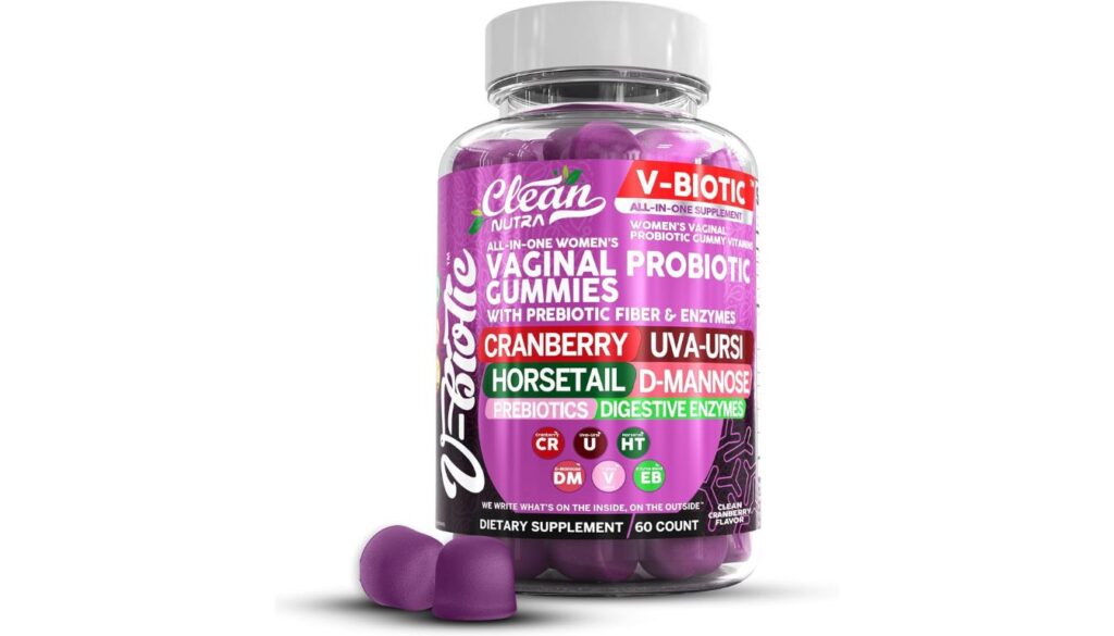 Clean Nutra V-Biotic bottle with cranberry-flavored vaginal probiotic gummies for women