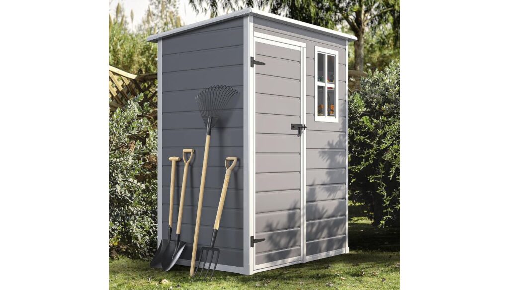 DWVO 5x3 outdoor shed with garden tools and interior shelving