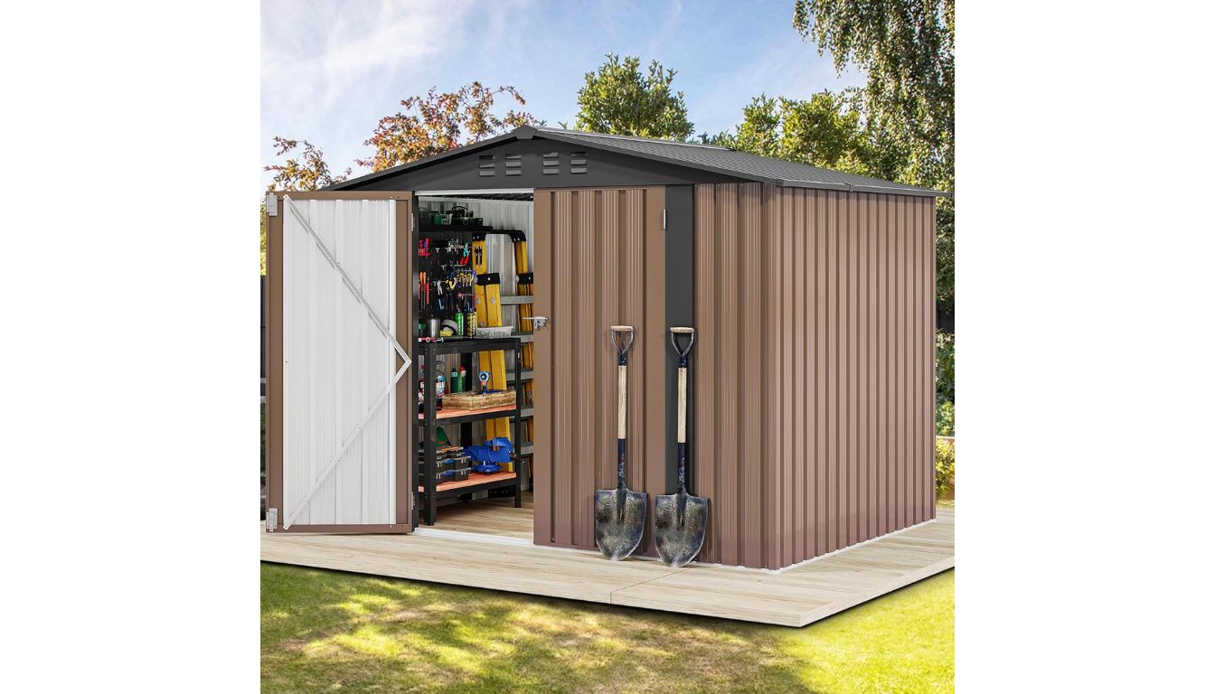 Brown DWVO steel garden shed with organized tools and open white door