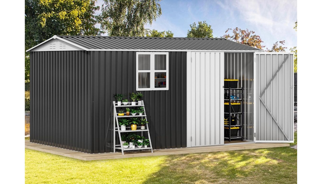DWVO gray metal garden shed with open doors, window, and organized interior
