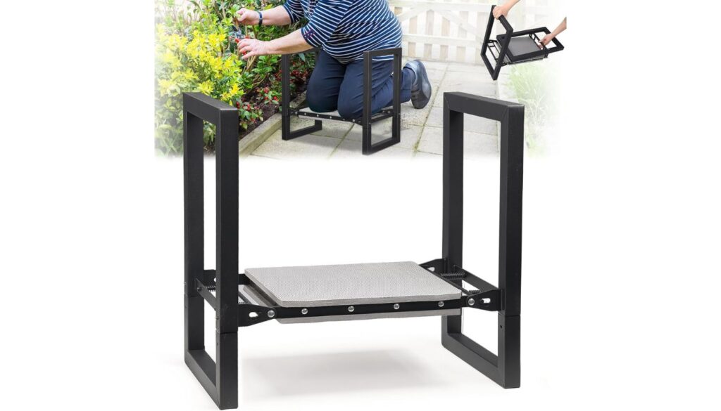 Foldable garden kneeler and seat with padded platform and side handles for ergonomic support