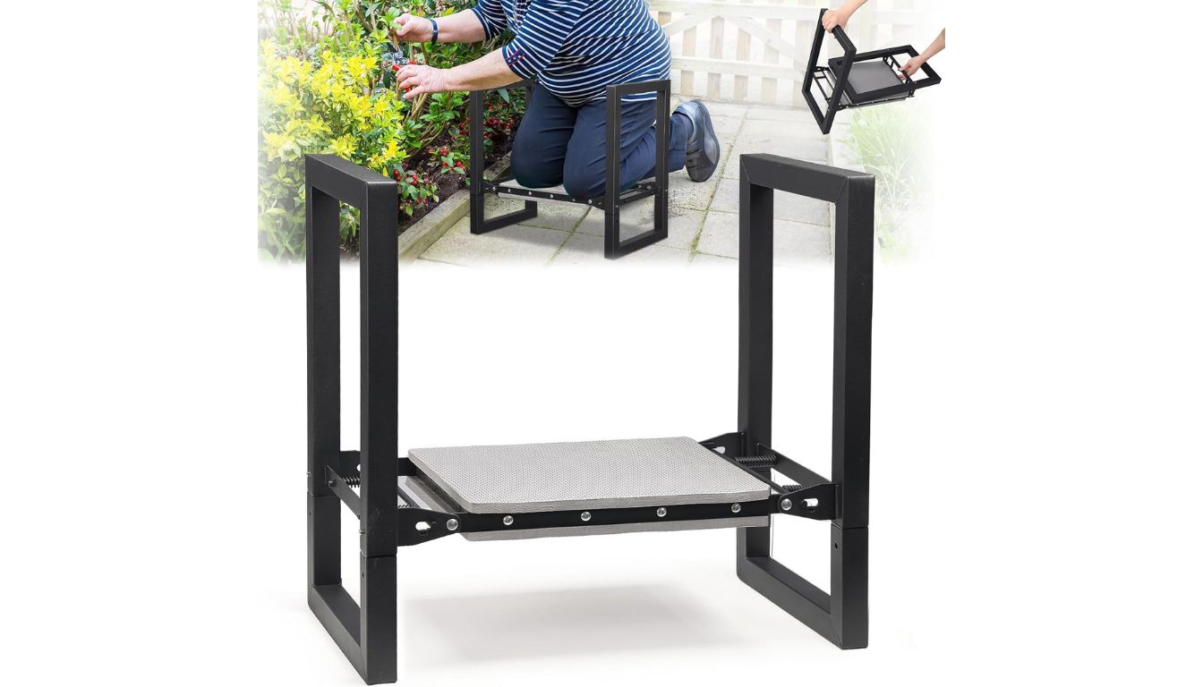 Foldable garden kneeler and seat with padded platform and side handles for ergonomic support