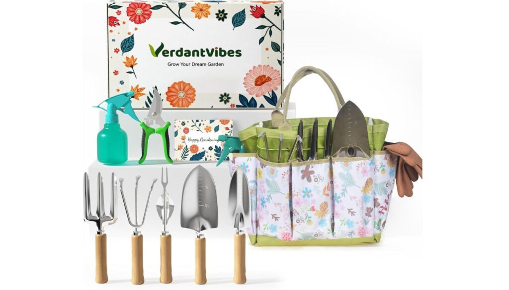 VerdantVibes 9-piece gardening tool set with floral tote, gloves, and wooden-handled tools