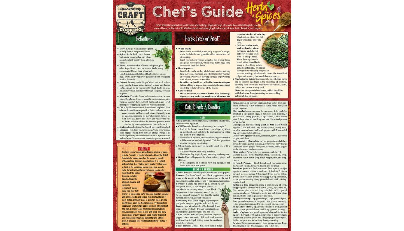 QuickStudy laminated chart titled Chef’s Guide to Herbs & Spices with colorful ingredient visuals and culinary tips