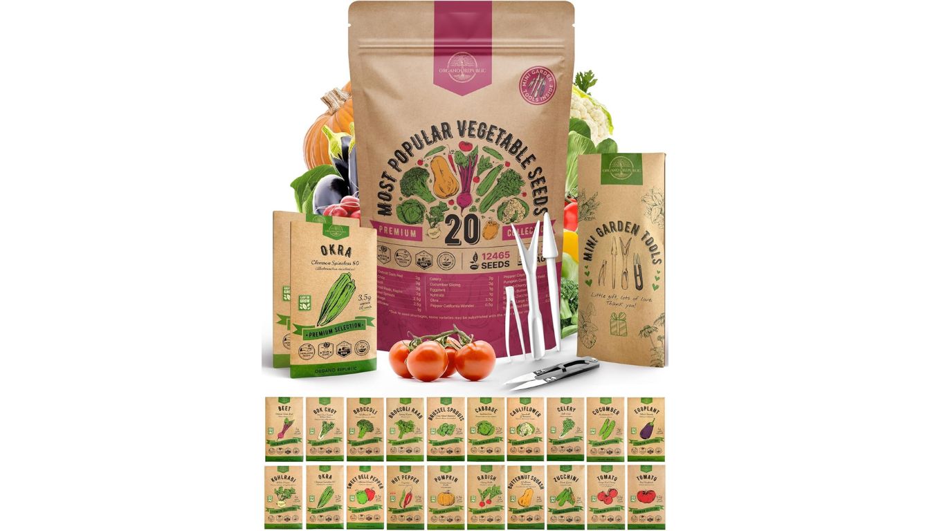 Heirloom vegetable seed kit with 20 organic seed packets and garden tools