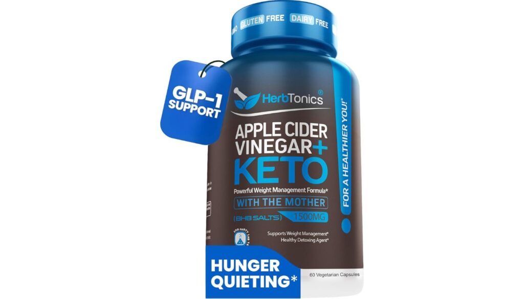 Herbtonics Apple Cider Vinegar + Keto bottle with capsules and cinnamon sticks for weight support