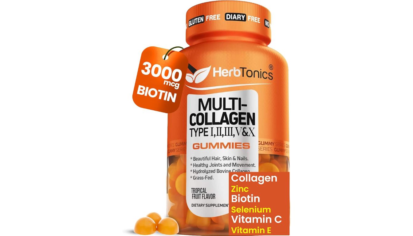 Herbtonics Multi Collagen Gummies bottle for hair, skin, and nail support