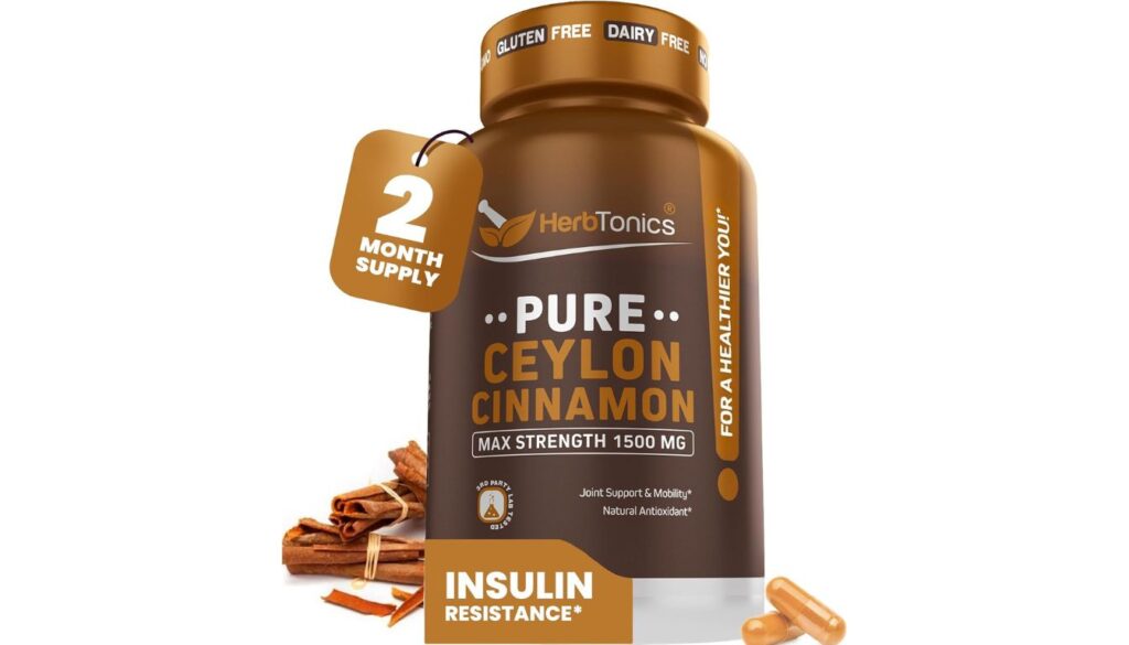 Herbtonics Pure Ceylon Cinnamon supplement bottle with capsules and cinnamon sticks