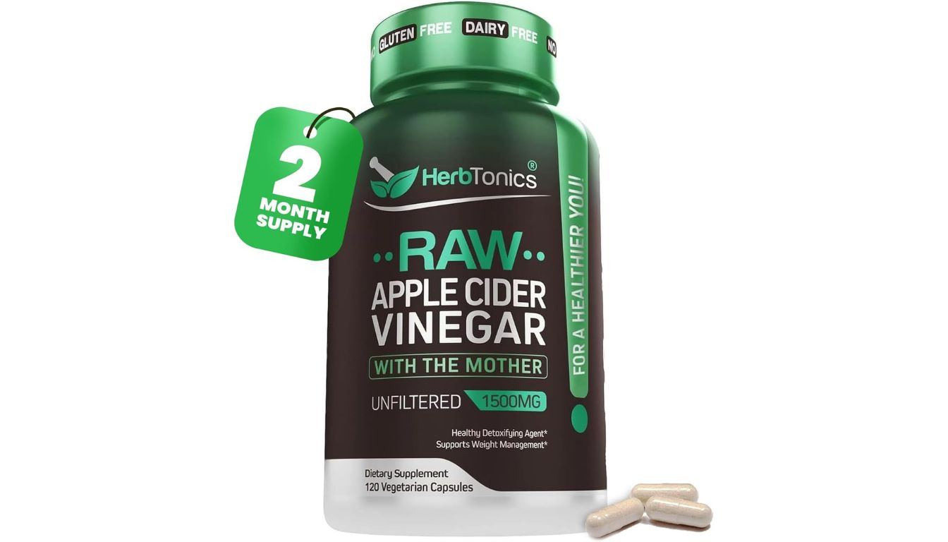 Herbtonics ACV supplement bottle with 120 capsules for detox and weight support